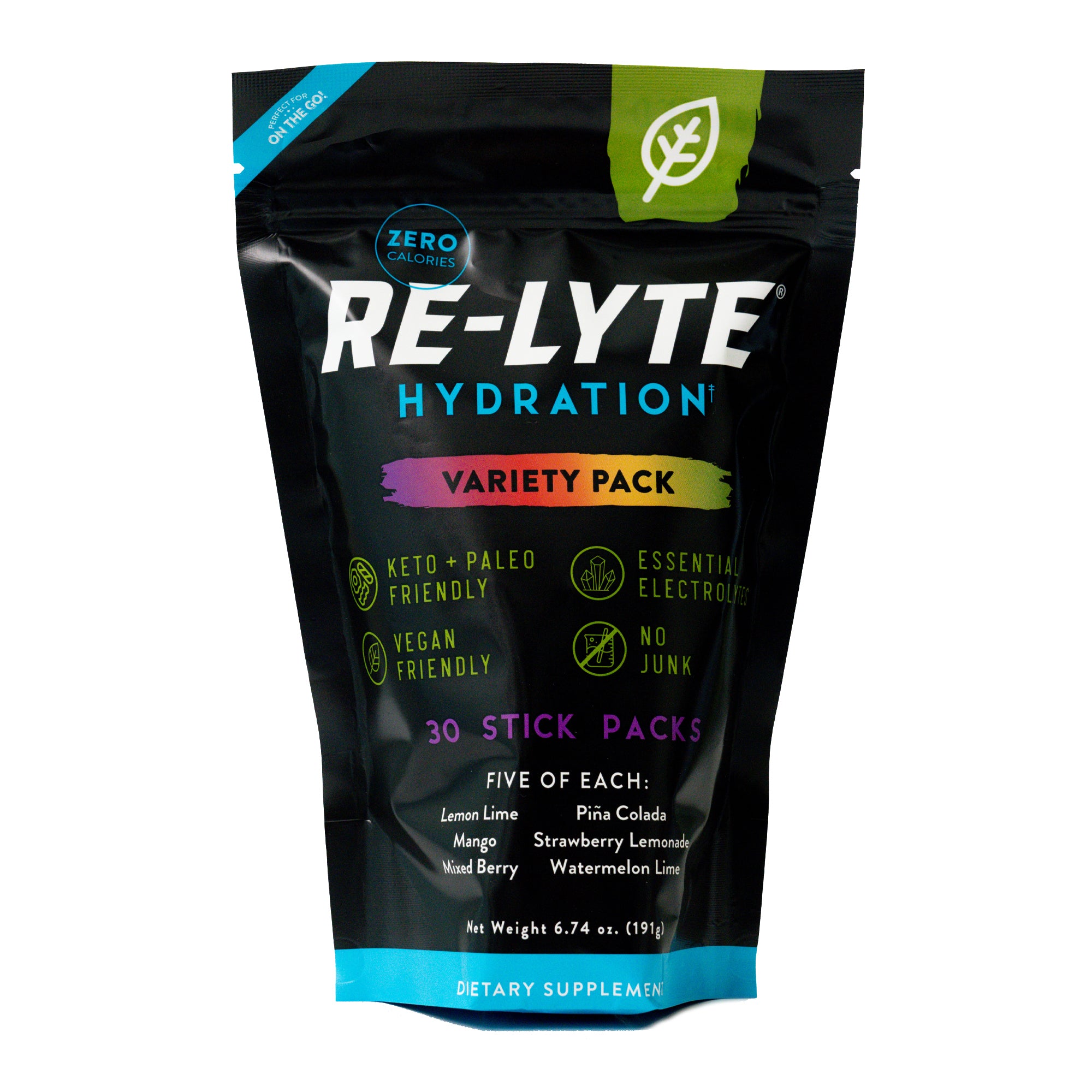Variety Pack Re-Lyte Hydration 30 count stick packs electrolyte powder on white background. 