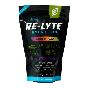 Variety Pack Re-Lyte Hydration 30 count stick packs electrolyte powder on white background. 