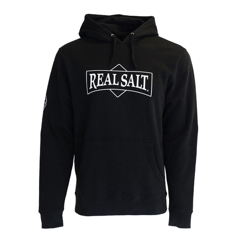 Black hoodie displays the Real Salt logo, a white diamond containing the brand name in a bold font. 
