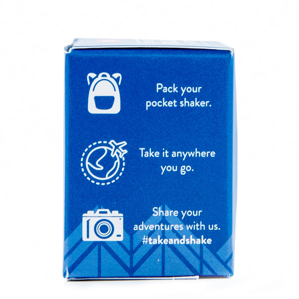 Blue product box encouraging users to "Pack your pocket shaker," "Take it anywhere you go," and "Share your adventures with us. #takeandshake" 
