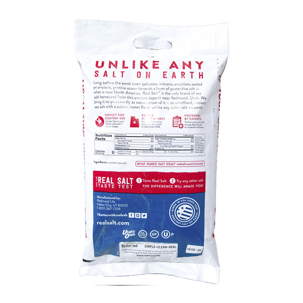 Back of Real Salt brand sea salt bag showcasing nutritional information and highlighting its unique sourcing from an ancient, untouched sea deposit. 
