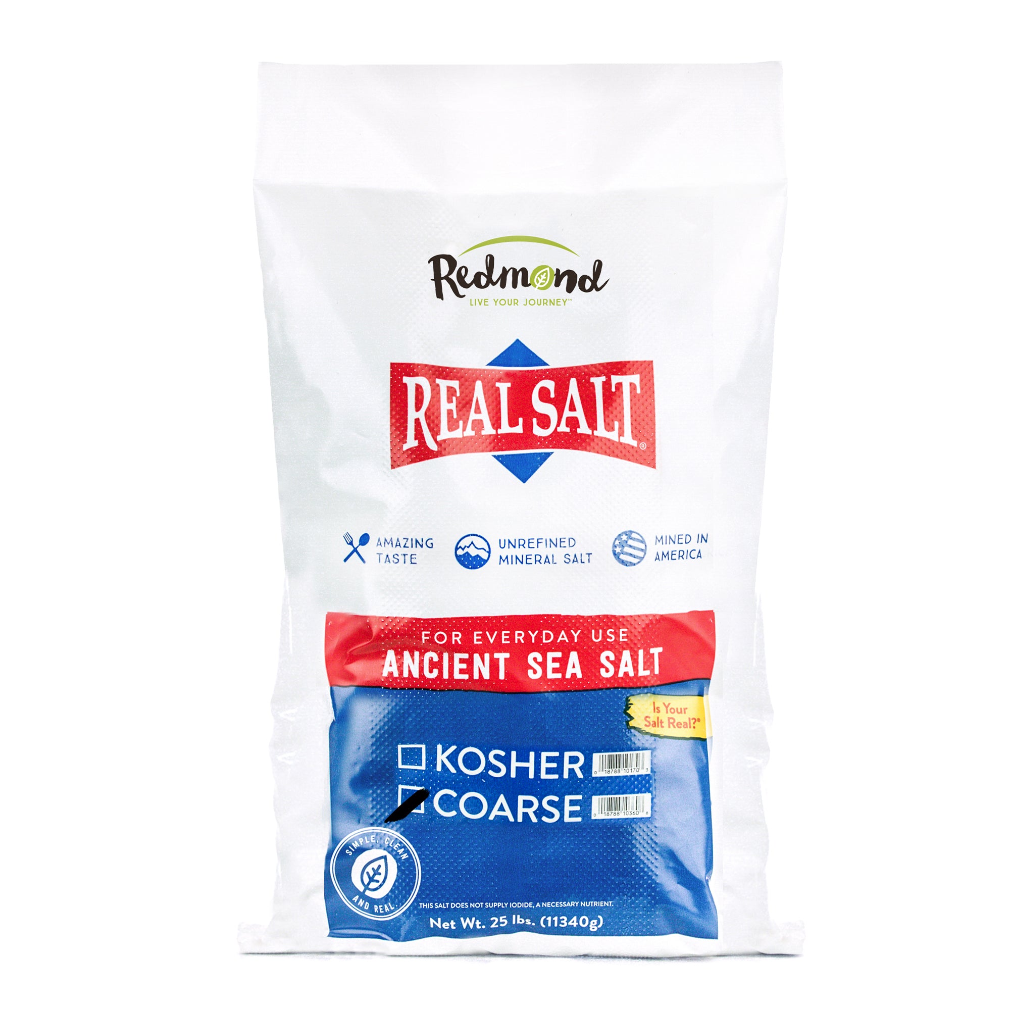 A 25-pound bag of Redmond Real Salt, unrefined, kosher, and mined in America, stands against a white background. 
