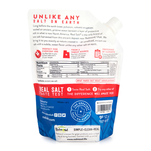 Redmond Real Salt pouch displays the brand's commitment to providing single-source, unrefined ancient sea salt. 
