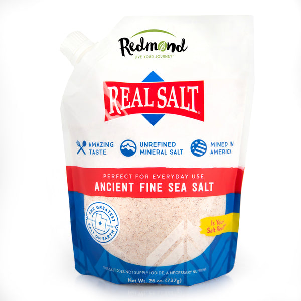 Redmond Real Salt brand Ancient Fine Sea Salt in a resealable pouch. 
