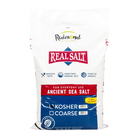 A 25-pound bag of Redmond Real Salt, an unrefined, coarse, kosher sea salt mined in America. 
