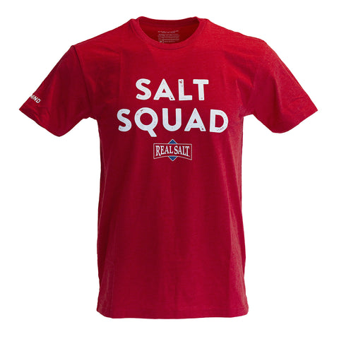 Front view of our Red "Salt Squad" t-shirt on a white background. The front reads "Salt Squad" in bold white lettering, followed by our real salt logo