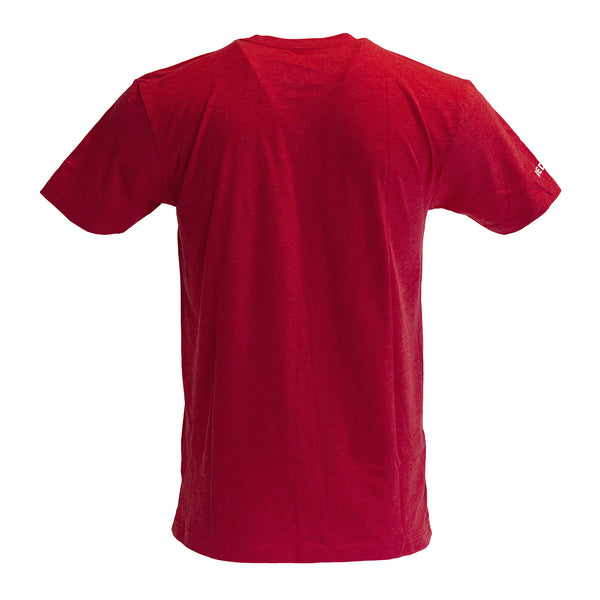 A plain red t-shirt, showcasing the back view. 
