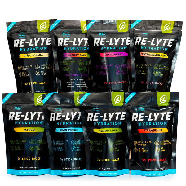 Eight flavor options of Re-Lyte Hydration 30 count stick packs electrolyte powder on white background. Flavors including: Piña Colada, Variety Pack, Mixed Berry, Watermelon Lime, Mango, Unflavored, Lemon Lime and Strawberry Lemonade.